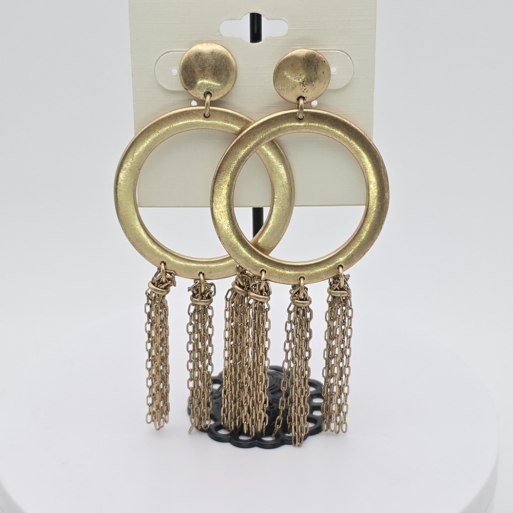New! LUCKY BRAND Hoop  Earrings Chain Tassles Gold Tone Ring Disc 3.5" FREE $HIP